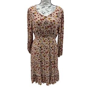 Downeast Womens Floral Gauze Midi Dress Beige Pink Orange V-Neck Long Sleeve M